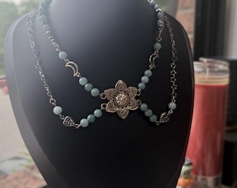 Celestial Silver Double Strand Aquamarine Choker | Flower Pendant, Star Chain | Handmade Witchy Jewelry Gifts For Her | Crystal Necklace