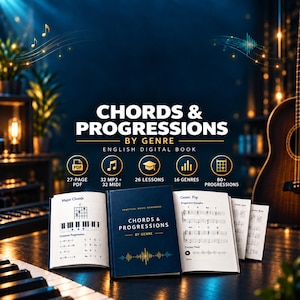 May include: A digital music workbook titled Chords & Progressions by Genre, featuring a 27-page PDF, 32 MP3 and 32 MIDI files, 26 lessons, 16 genres, and 80+ progressions. The book is displayed open alongside a closed copy on a dark surface.