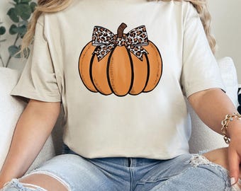Camiseta con lazo de guepardo y calabaza, Halloween, bonita camiseta de otoño, camiseta unisex de otoño, camiseta con lazo de guepardo, camiseta de otoño con calabaza, camiseta y sudadera de otoño