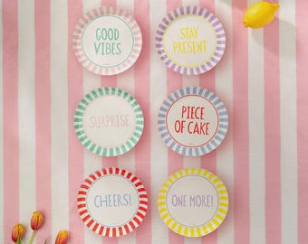 6 piatti di carta Happy Vibes - Tavolo di compleanno - Stoviglie a righe - Festa per adulti
