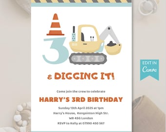 Faire-part d'anniversaire construction : fête des creuseurs, modèle modifiable (téléchargement numérique)