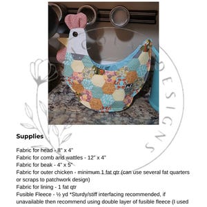 May include: Patchwork Chicken Basket. A handmade chicken-shaped basket with a patchwork design. The chicken's head is white with a pink comb and wattle. The body is made of colorful hexagonal fabric pieces. The text "Patchwork Chicken Basket" is at the top.