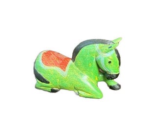 Vintage Hand Painted Green Wooden Horse Figurine Reclining Folk Art