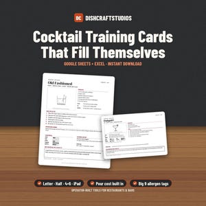 May include: Two white digital cocktail training cards featuring the text Dishcraftstudios, Cocktail Training Cards That Fill Themselves, Google Sheets + Excel, and specific drink recipes for an Old Fashioned and a Daiquiri with instructions.