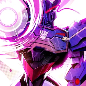 May include: Illustration of a purple and blue robot with a red visor and the Autobot symbol. The robot is surrounded by swirling pink energy, with a bright white light in the background. The artwork has a comic book style.