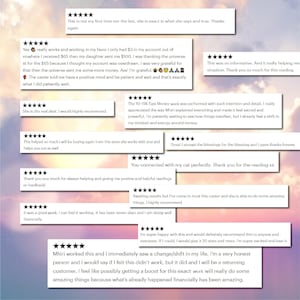 May include: A collection of twelve white rectangular customer review cards, each featuring five black stars and text testimonials about spiritual services, arranged against a soft, blurred background of a sunset sky with pink and blue hues.