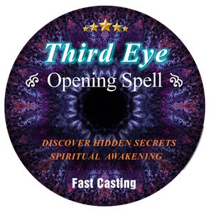 Puede incluir: Gráfico circular con un fondo morado y negro, con el texto "Third Eye Opening Spell". El texto adicional incluye "Discover Hidden Secrets, Spiritual Awakening, Fast Casting". Estrellas doradas en la parte superior.