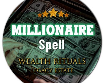Pode incluir: Um gráfico circular apresentando uma maleta cheia de notas de cem dólares. O texto diz MILLIONAIRE Spell em letras brancas grandes com um contorno verde, seguido por WEALTH RITUALS e LEGACY ESTATE em dourado, com cinco estrelas douradas.