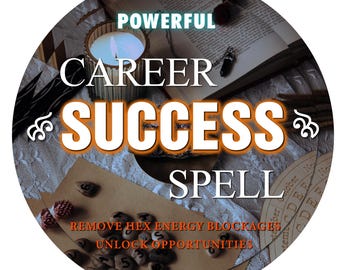 Pode incluir: Imagem circular com as palavras "POWERFUL CAREER SUCCESS SPELL" em branco e laranja. A imagem inclui uma vela acesa, um livro aberto e pequenas pedras. O texto na parte inferior diz "REMOVE HEX ENERGY BLOCKAGES UNLOCK OPPORTUNITIES."