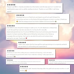 May include: A collection of customer reviews with five-star ratings. The reviews are in white boxes with black text, set against a soft, cloudy background. The text expresses satisfaction with a tarot reading and spell work, mentioning positive outcomes and personal insights.