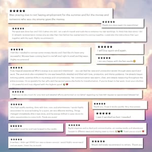 May include: A collection of twelve five-star customer reviews displayed as white rectangular text boxes against a soft, blurred sunset background. Each review features black text detailing positive experiences, gratitude, and personal testimonials.