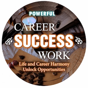 Puede incluir: Un gráfico circular con una vela encendida, un libro abierto y piedras pequeñas con números. El texto dice: POWERFUL CAREER SUCCESS WORK, Life and Career Harmony, Unlock Opportunities. Diseño en tonos blancos, naranjas y negros.
