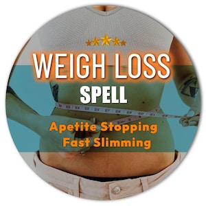 May include: A circular image with the words "WEIGHT LOSS SPELL" in large orange letters. Below, the words "Appetite Stopping Fast Slimming" are also in orange. A person is measuring their waist with a pink measuring tape.