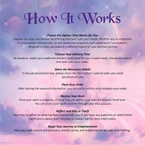May include: An informational graphic titled How It Works set against a soft purple and pink cloudy background. The text outlines six steps for ordering custom spiritual services, including choosing options, delivery times, and sharing details.
