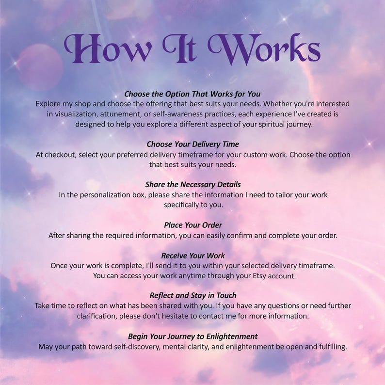 May include: An informational graphic titled How It Works set against a soft purple and pink cloudy background. The text outlines six steps for ordering custom spiritual services, including choosing options, delivery times, and sharing details.