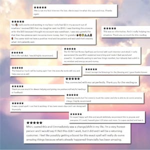 May include: A collage of customer reviews with a celestial background. The reviews are in white rectangular boxes and feature five-star ratings and positive comments about a service, including mentions of financial improvements and spell casting.