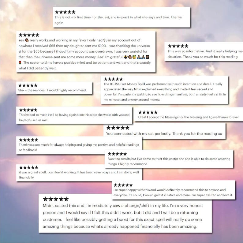 May include: A collage of customer reviews with a celestial background. The reviews are in white rectangular boxes and feature five-star ratings and positive comments about a service, including mentions of financial improvements and spell casting.
