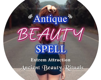 May include: Circular graphic with the words "Antique BEAUTY SPELL" in a neon-style font. The image features a person with red hair standing on a road. Below the main text are the words "Extrem Attraction" and "Ancient Beauty Rituals."