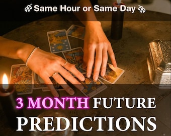 May include: A tarot card reading scene with the text "3 MONTH FUTURE PREDICTIONS". The image features hands arranging cards, lit candles, and the text "Same Hour or Same Day". The setting suggests a mystical or fortune-telling theme.