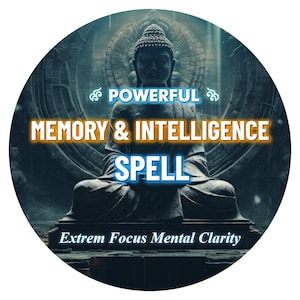 May include: A circular graphic featuring a dark, stone-textured statue of a seated figure in a meditative pose. The text reads POWERFUL MEMORY & INTELLIGENCE SPELL in bold letters, with the additional text Extrem Focus Mental Clarity below.