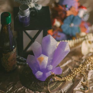 May include: A cluster of purple crystal formations with a gold-colored pendant necklace. A small bottle with a green cap and a black lantern are also visible. The items are arranged on a textured, brown surface.