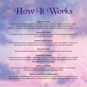 May include: A purple and white graphic with the text "How It Works" at the top. The graphic details the steps for selecting a service, choosing a time, providing details, placing an order, receiving insights, reflecting, and engaging. The final step is to embark on your path to enlightenment.