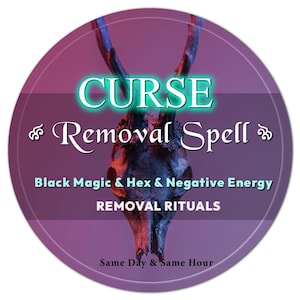 Könnte beinhalten: Ein kreisförmiges Grafikdesign mit einem Hirschschädel und Geweih, mit den Worten "CURSE Removal Spell" in Türkis. Zusätzlicher Text enthält "Black Magic & Hex & Negative Energy" und "REMOVAL RITUALS."