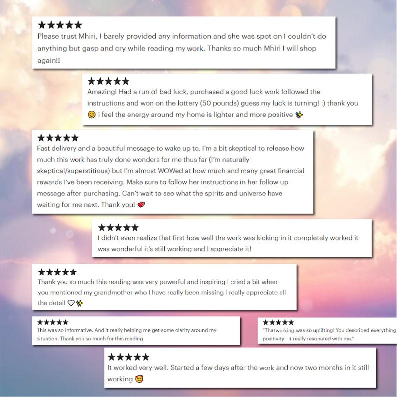 May include: A collection of eight white rectangular customer review cards, each featuring five black stars at the top. The cards contain various testimonials with text praising spiritual work, readings, and positive life changes, set against a soft, blurred sunset background.