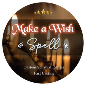Könnte beinhalten: Rundes Bild mit dem Text "Make a Wish Spell" in Weiß und Rot, mit fünf goldenen Sternen oben. Das Bild zeigt brennende Kerzen und die Sätze "Custom Spiritual Rituals" und "Fast Casting".