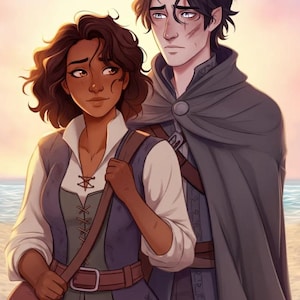 Puede incluir: Ilustración digital de dos personajes en una playa. Una mujer con cabello castaño rizado lleva una camisa blanca, un chaleco azul y una bandolera marrón. Un hombre con una capa gris está a su lado. El fondo muestra una puesta de sol sobre el mar.