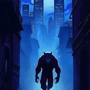 May include: A dark silhouette of a werewolf walking down a city street at night. The werewolf is in the foreground, with tall buildings in the background. The moon is visible in the sky.