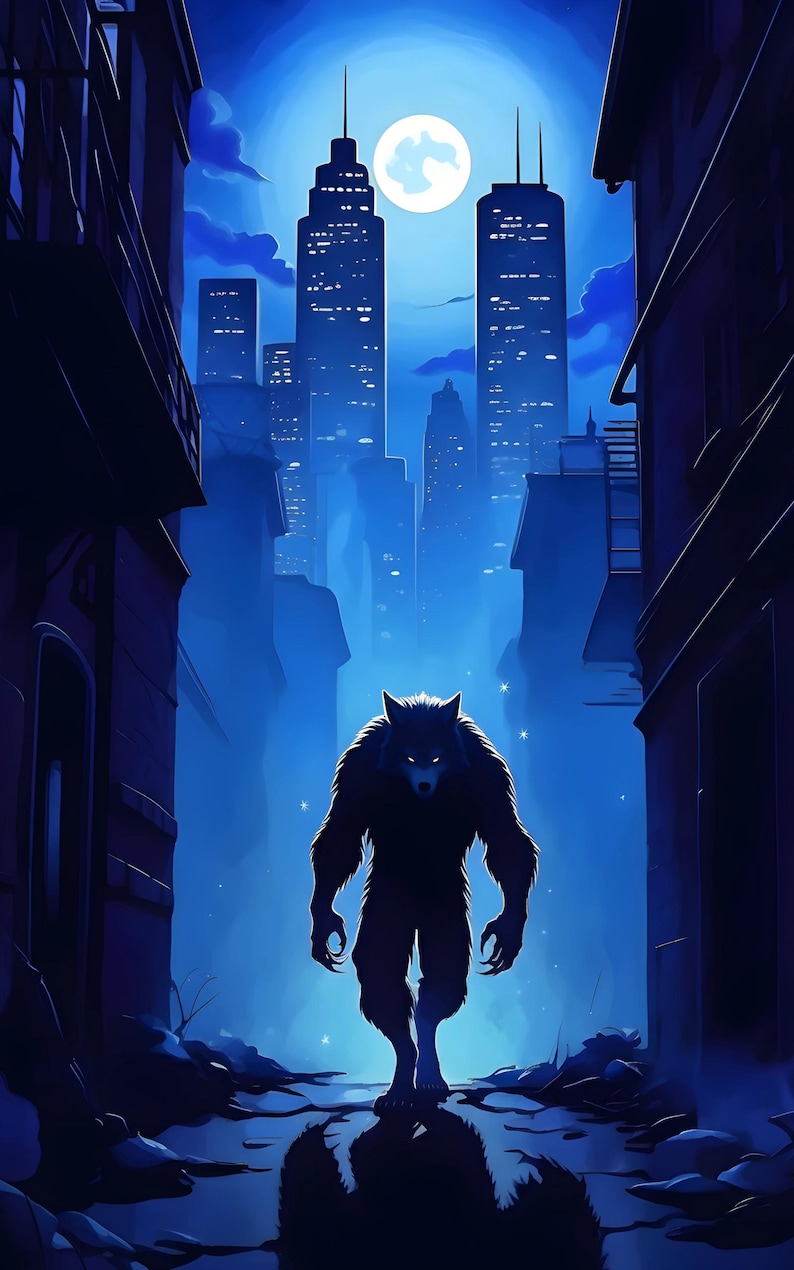 May include: A dark silhouette of a werewolf walking down a city street at night. The werewolf is in the foreground, with tall buildings in the background. The moon is visible in the sky.