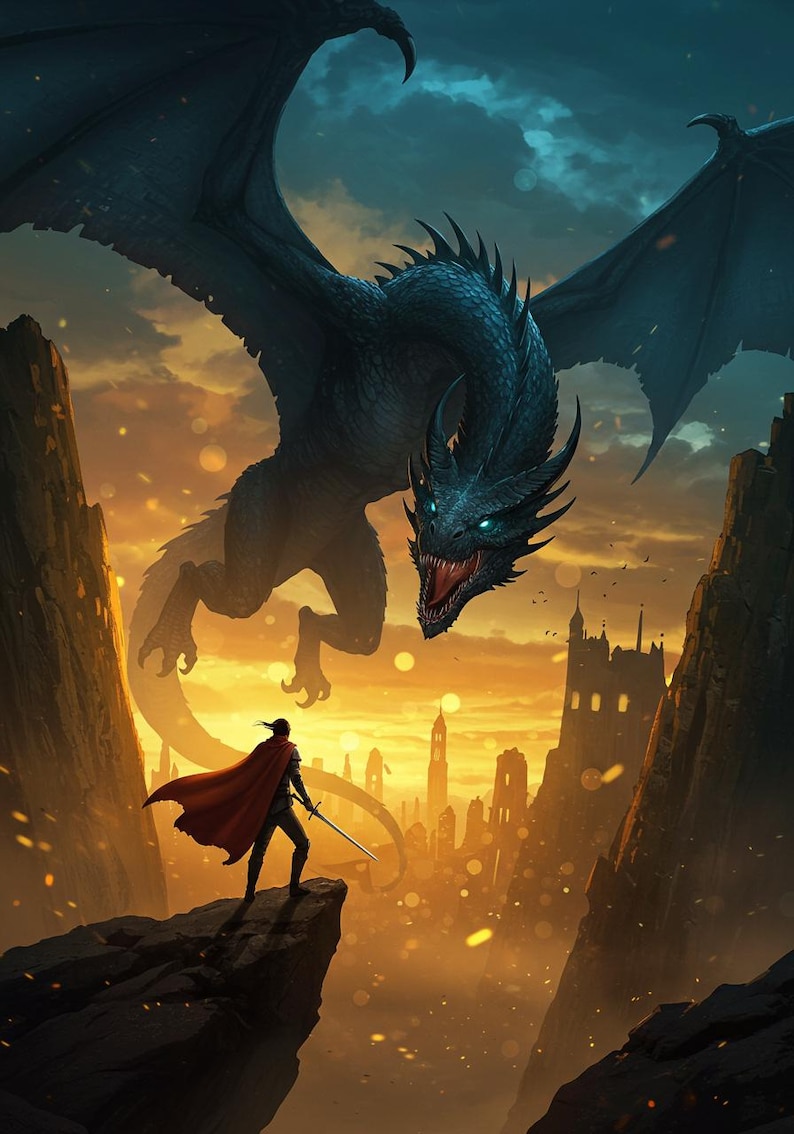May include: Digital art depicting a fantasy scene with a large, dark blue dragon soaring above a figure in a red cape holding a sword. A city skyline and mountains are in the background, with a sunset sky.
