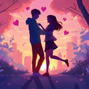 May include: A couple silhouetted against a pink and purple sunset, holding each other and smiling.  Pink hearts float around them.