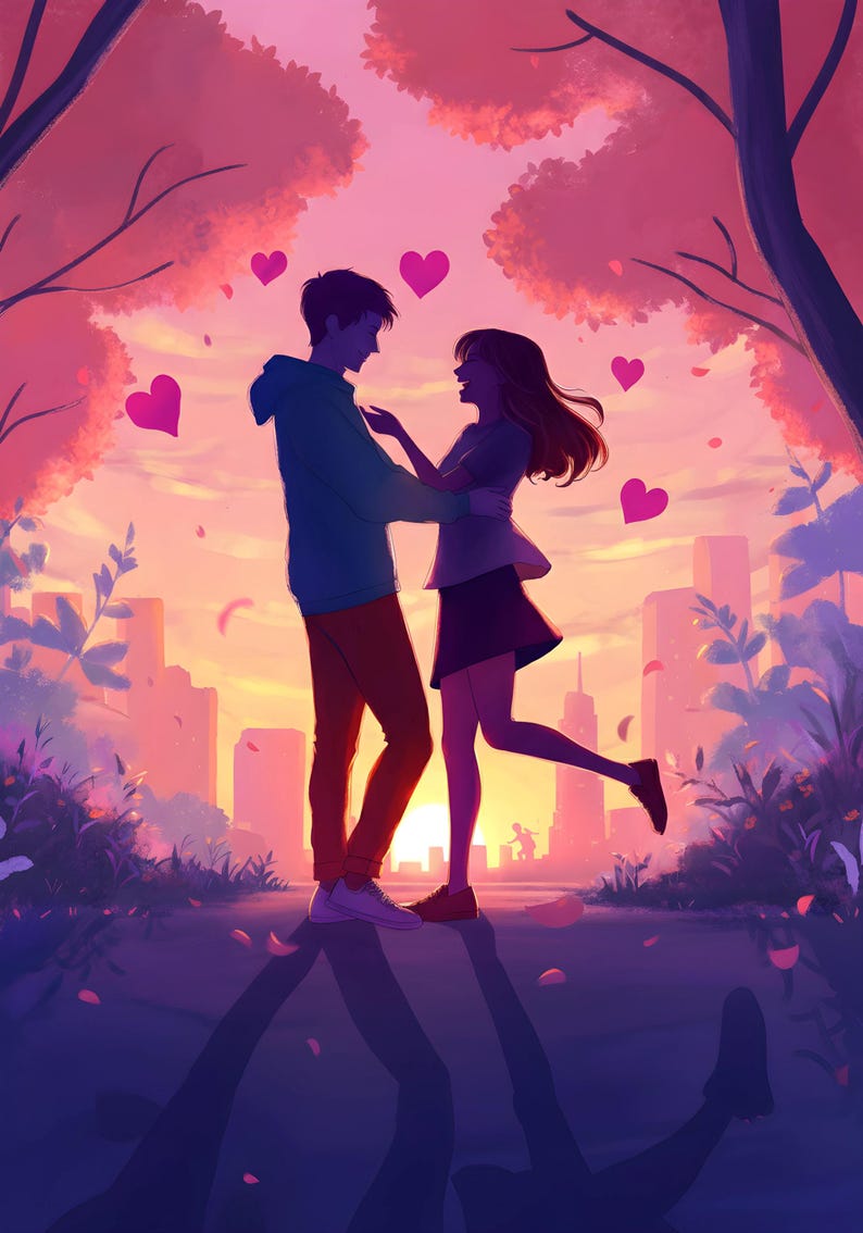 May include: A couple silhouetted against a pink and purple sunset, holding each other and smiling.  Pink hearts float around them.