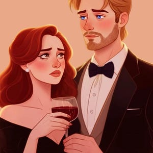 Puede incluir: Ilustración digital de un hombre y una mujer con ropa formal. La mujer, con cabello rojo, sostiene una copa de vino tinto. El hombre, con barba y pajarita, está a su lado. El fondo es de color melocotón sólido.
