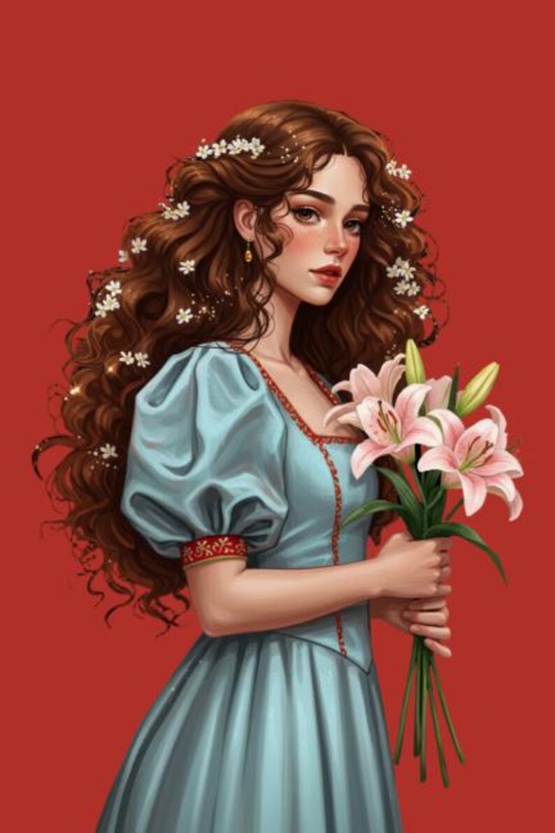 May include: Digital illustration of a woman with long, curly brown hair adorned with white flowers. She wears a light blue dress with red trim and holds a bouquet of pink lilies against a red background.