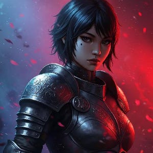 May include: Digital art of a person wearing dark, ornate armor. The armor has intricate floral designs and is set against a red and blue background with falling petals. The person has short black hair and a serious expression.