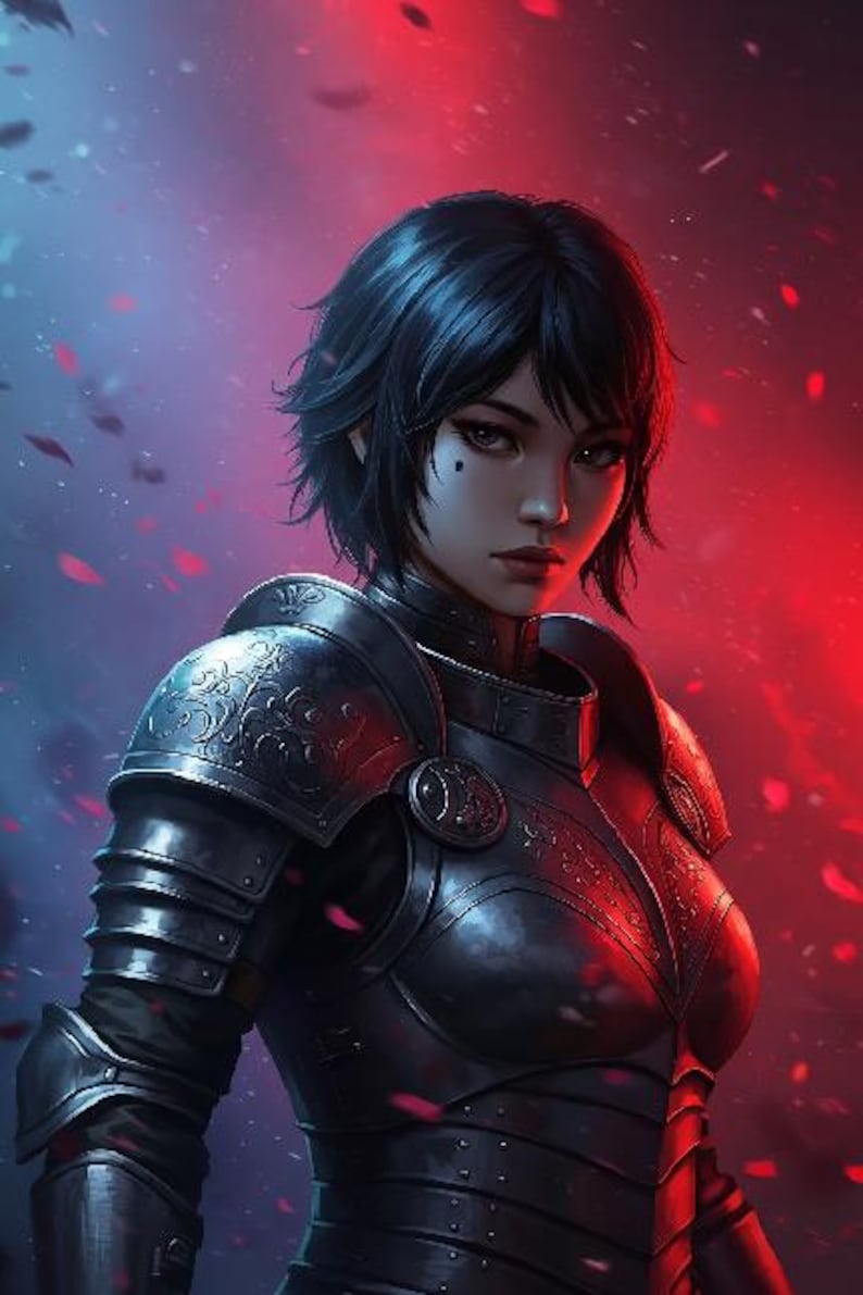 May include: Digital art of a person wearing dark, ornate armor. The armor has intricate floral designs and is set against a red and blue background with falling petals. The person has short black hair and a serious expression.