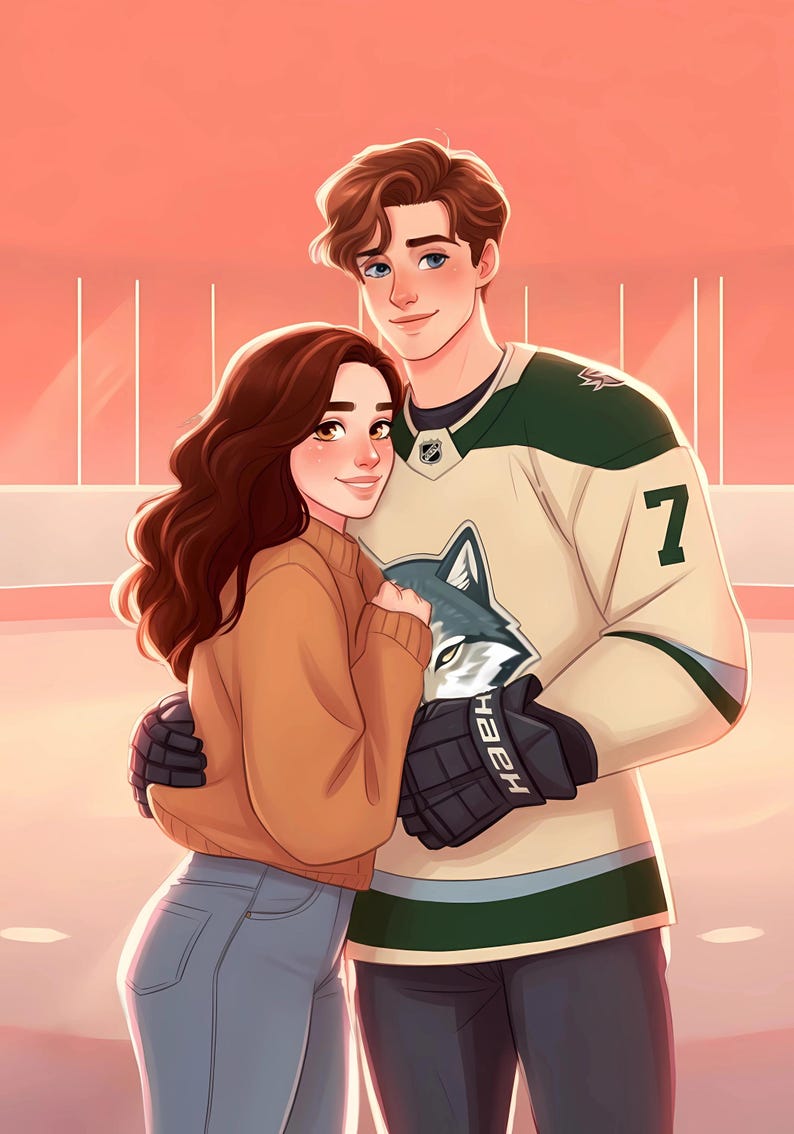 May include: A couple poses for a photo. The man is wearing a green and white hockey jersey with a wolf logo and the number 7. The woman is wearing a brown sweater and blue jeans. 71588 - 1919 - 520 - 413 - 81