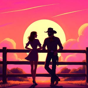 May include: Silhouette of a couple standing by a wooden fence against a pink and orange sunset. The man is wearing a cowboy hat and the woman is wearing a dress.