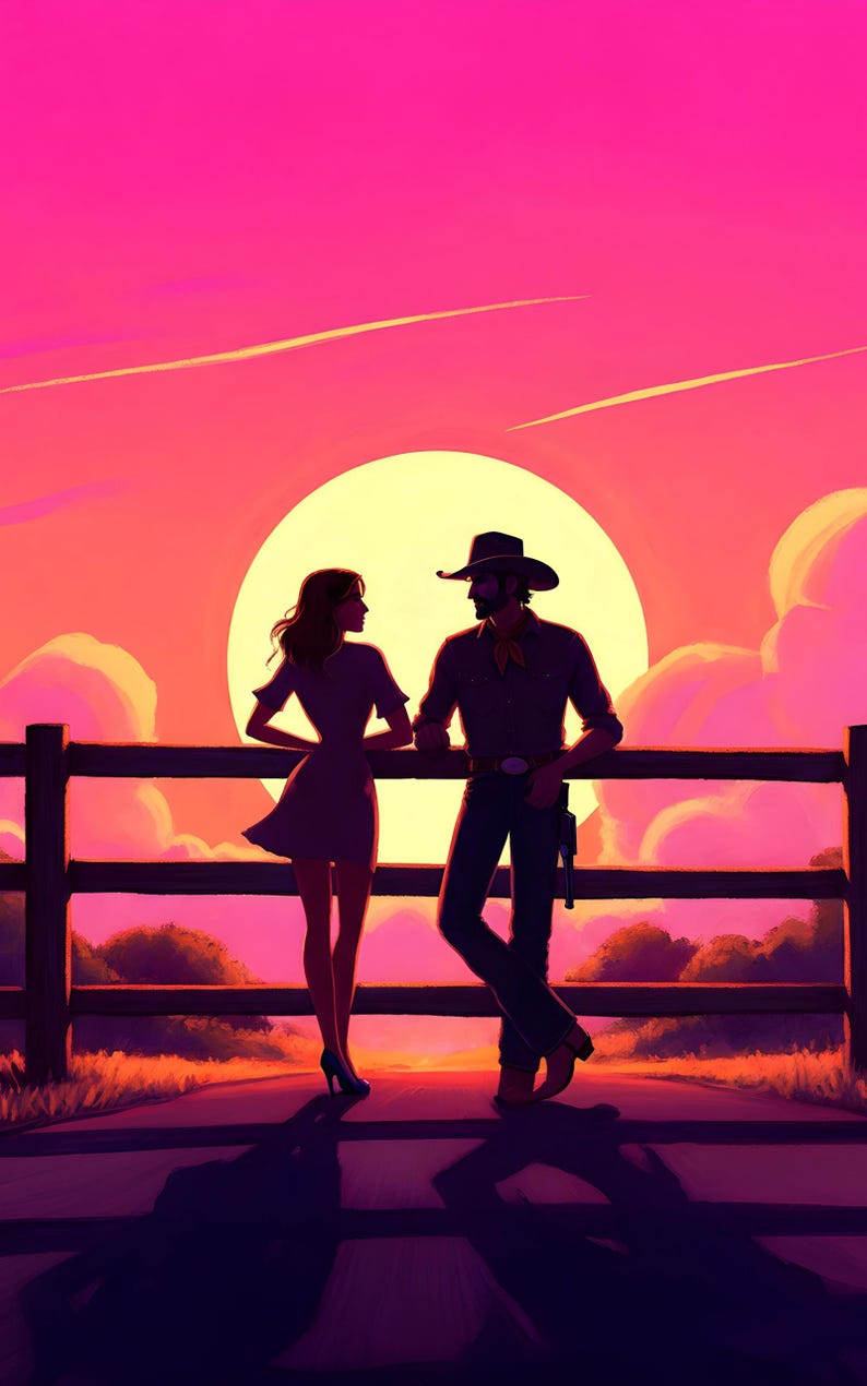 May include: Silhouette of a couple standing by a wooden fence against a pink and orange sunset. The man is wearing a cowboy hat and the woman is wearing a dress.