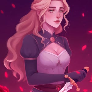 May include: Digital illustration of a woman with long blonde hair, wearing a white and navy blue dress, holding a decorative dagger. The background is a gradient of purple and red, with scattered rose petals.
