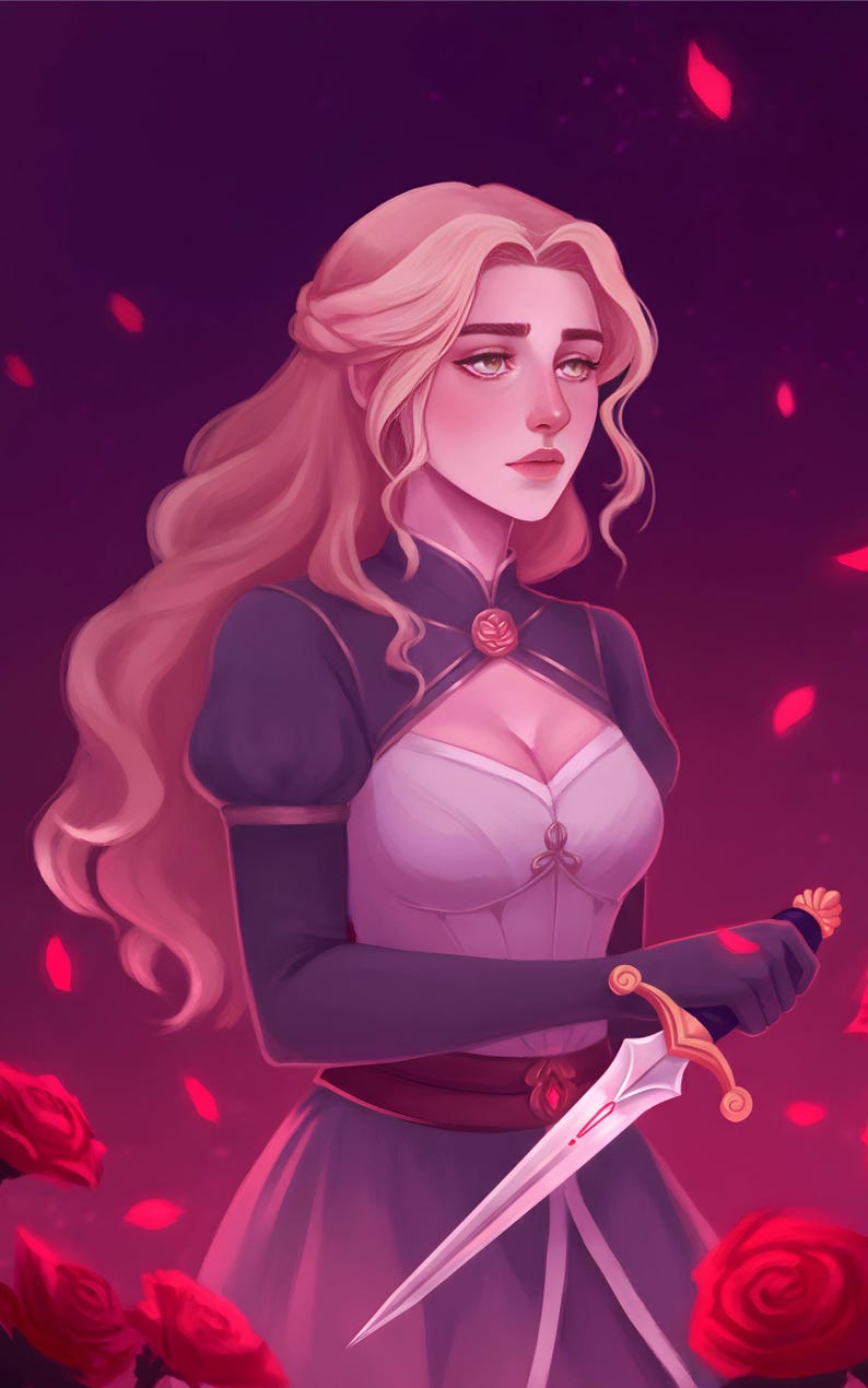 May include: Digital illustration of a woman with long blonde hair, wearing a white and navy blue dress, holding a decorative dagger. The background is a gradient of purple and red, with scattered rose petals.
