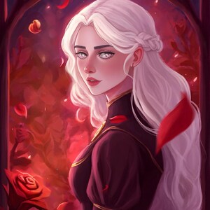 May include: Digital art of a woman with long, flowing white hair and pale skin, wearing a dark burgundy dress with gold trim. Red rose petals and roses surround her, set against a red and burgundy background.