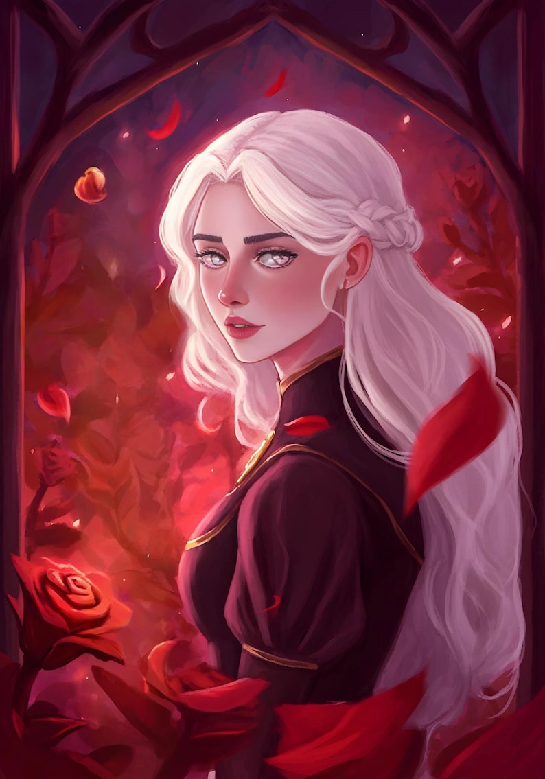 May include: Digital art of a woman with long, flowing white hair and pale skin, wearing a dark burgundy dress with gold trim. Red rose petals and roses surround her, set against a red and burgundy background.