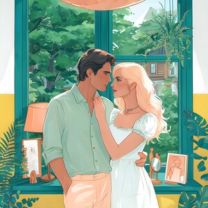 May include: A couple stands in front of a window with green foliage outside. The man is wearing a light green shirt and beige pants. The woman is wearing a white dress with a lace trim. They are looking at each other.