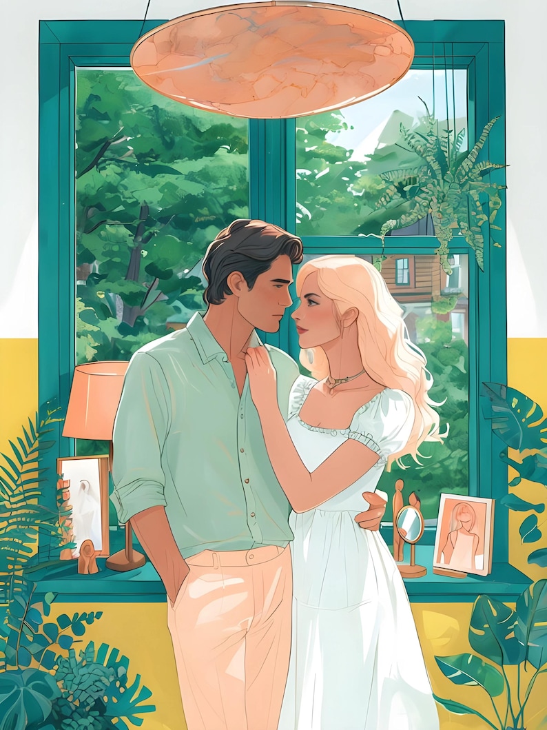 May include: A couple stands in front of a window with green foliage outside. The man is wearing a light green shirt and beige pants. The woman is wearing a white dress with a lace trim. They are looking at each other.