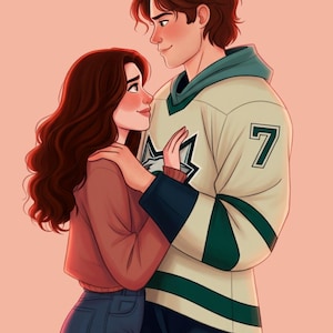 Può includere: Illustrazione digitale di una coppia in un abbraccio romantico. La donna indossa un maglione rosa e jeans, mentre l'uomo ha una maglia da hockey color crema con un design verde e bianco e il numero 7.