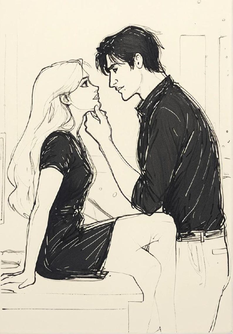May include: A black and white line drawing of a couple looking at each other. The woman is sitting on a table and tinstagram author template,audiobook social media template,romance author templates,wix book blog template,romance author instagram template,romance book promo,social media brand kit author,dark romance instagram post,dark romance author website,romance novel author templates,sports romance author,author branding kit,romance author templates bundle,author engagement,author